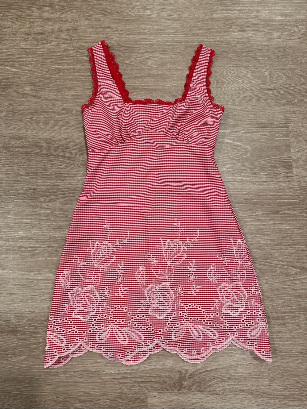 Altar'd State Red Gingham Lace-Trim Slip Dress